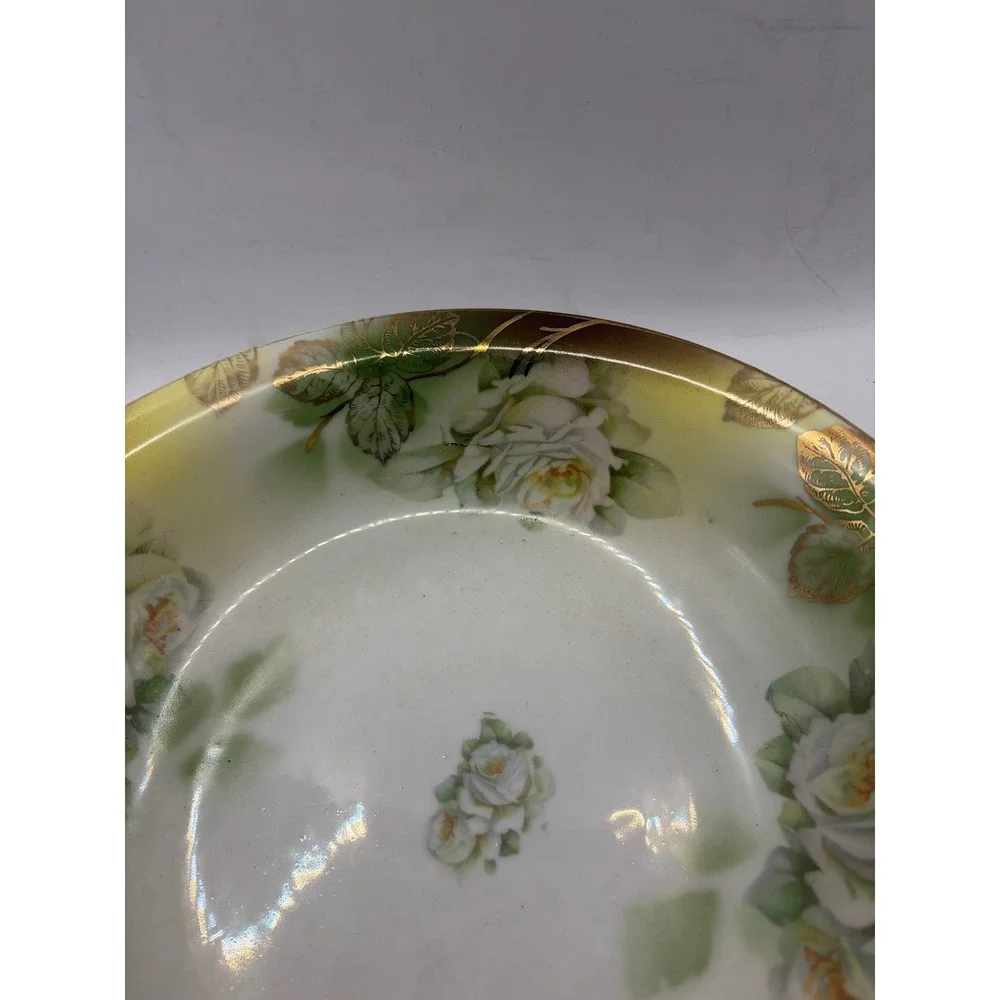 Leuchtenburg Germany Antique Porcelain Serving‎ Bowl White Roses Gold Gilt 10 in